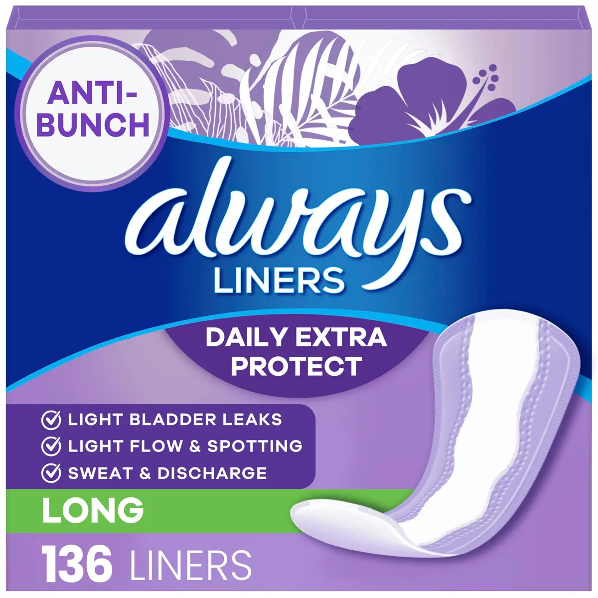 Always Panty Liners for Women Anti-Bunch Xtra Protection Daily Liners, Long, Unscented, 136 Count | Reliable Light Flow & Discharge - main product image
