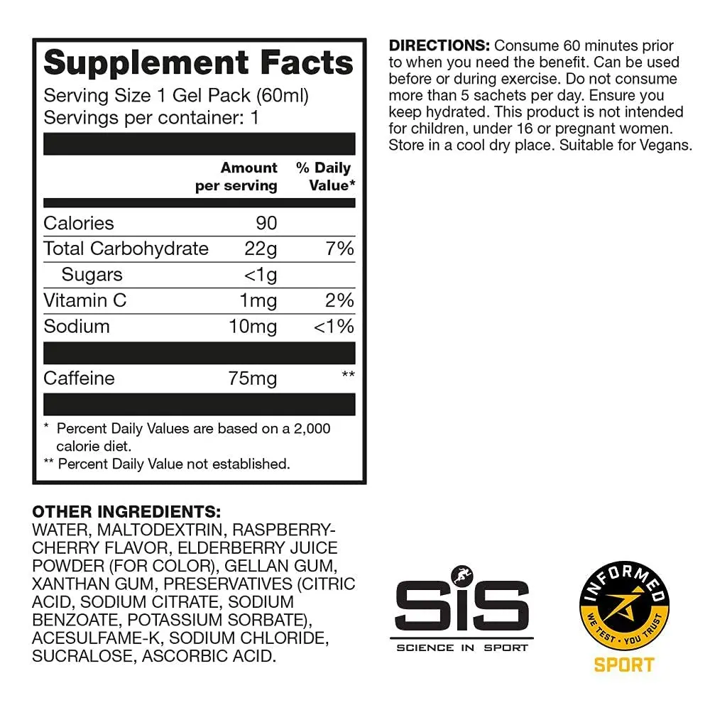 Science in Sport SIS Energy Caffeine Gels 22g | Fast Acting Carbohydrates with 150mg Caffeine for Endurance - view 7