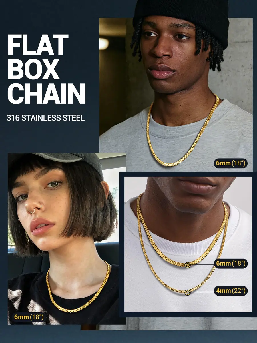PROSTEEL Stainless Steel Flat Box Link Chain Necklace for Men 51cm (20 inch) | Hypoallergenic & Tarnish-Resistant - view 3