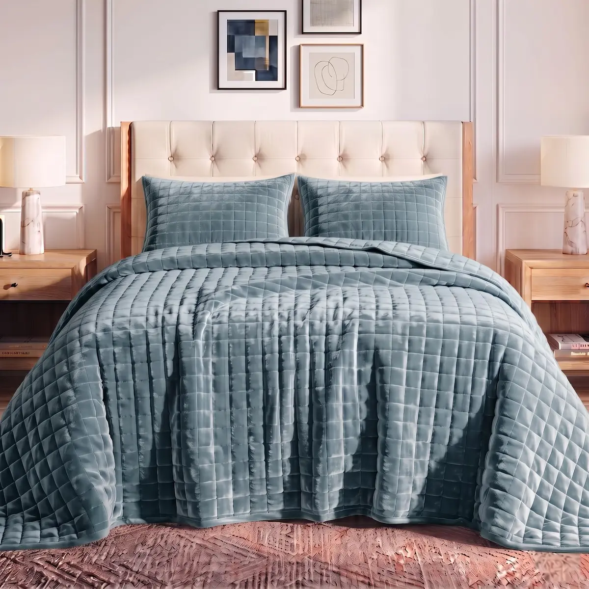 Tribeca Living Luxury Velvet Quilt King Size Set - 260GSM Ultra-Soft Oversized Velvet Bedspread Comforter in Florence Haze Blue - main product image