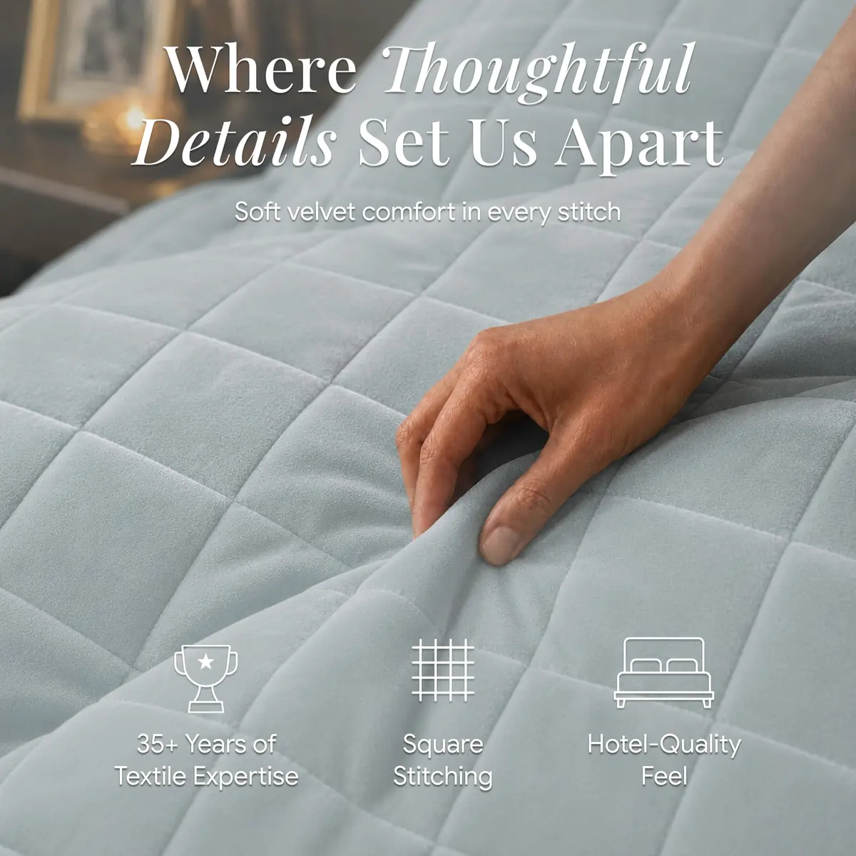 Tribeca Living Luxury Velvet Quilt King Size Set - 260GSM Ultra-Soft Oversized Velvet Bedspread Comforter in Florence Haze Blue - view 5