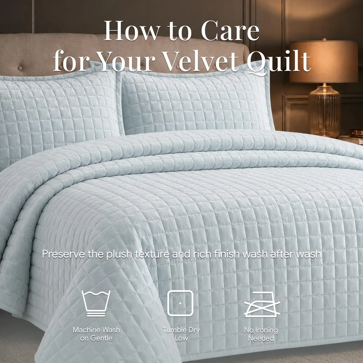 Tribeca Living Luxury Velvet Quilt King Size Set - 260GSM Ultra-Soft Oversized Velvet Bedspread Comforter in Florence Haze Blue - view 7