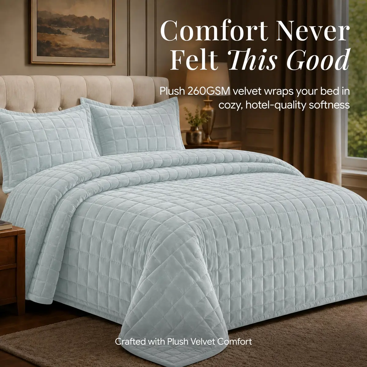 Tribeca Living Luxury Velvet Quilt King Size Set - 260GSM Ultra-Soft Oversized Velvet Bedspread Comforter in Florence Haze Blue - view 2