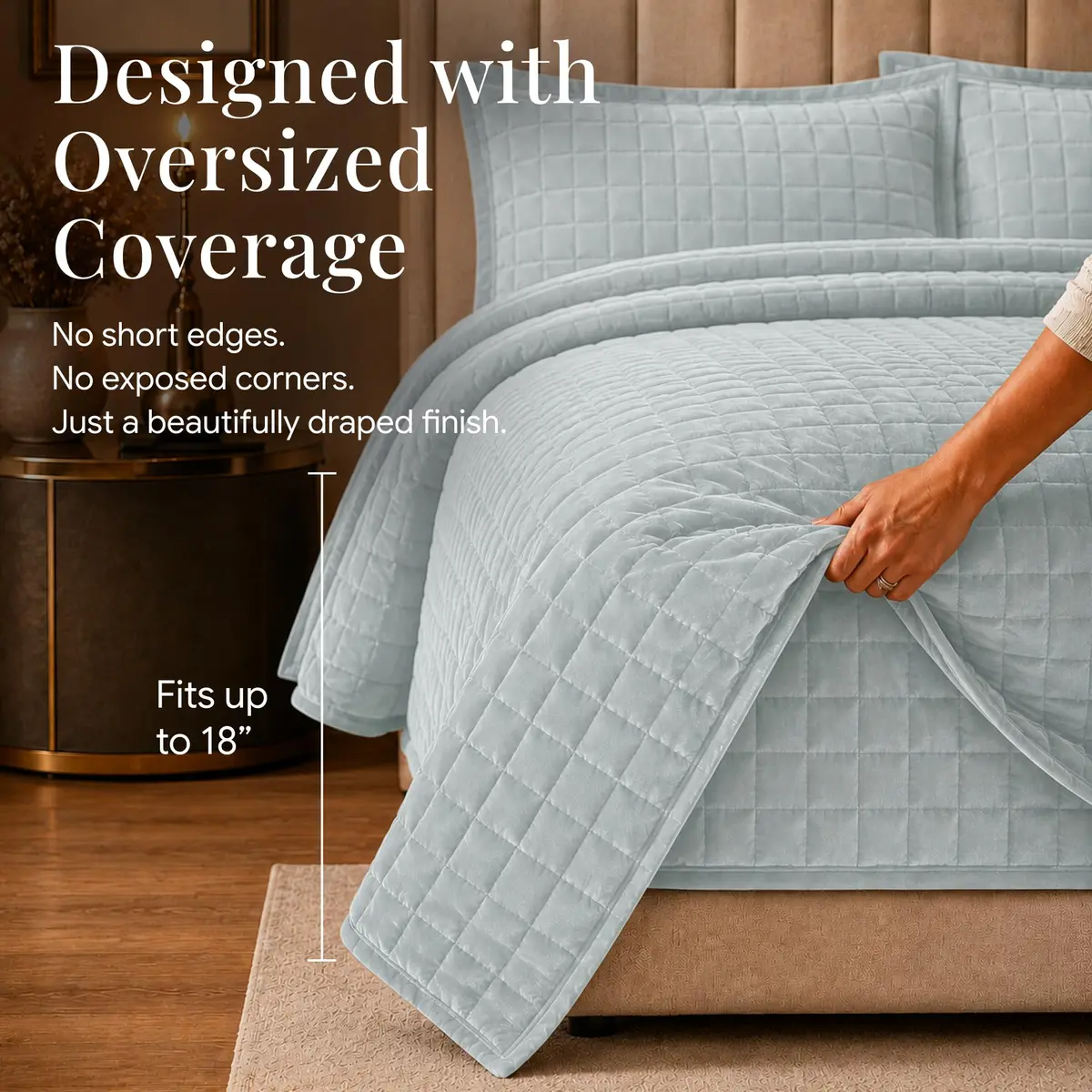 Tribeca Living Luxury Velvet Quilt King Size Set - 260GSM Ultra-Soft Oversized Velvet Bedspread Comforter in Florence Haze Blue - view 3