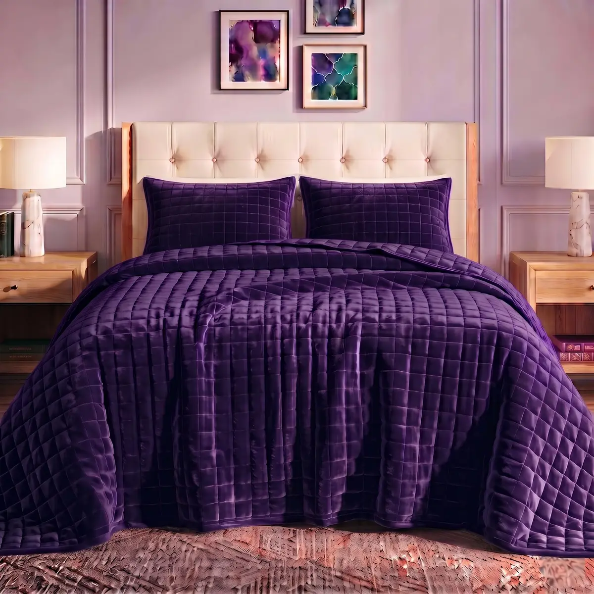 Tribeca Living Luxury Velvet Quilt Twin Size Set - 260GSM Ultra-Soft Oversized Bedspread in Florence Purple | Deep Matresses Perfect Fit - main product image