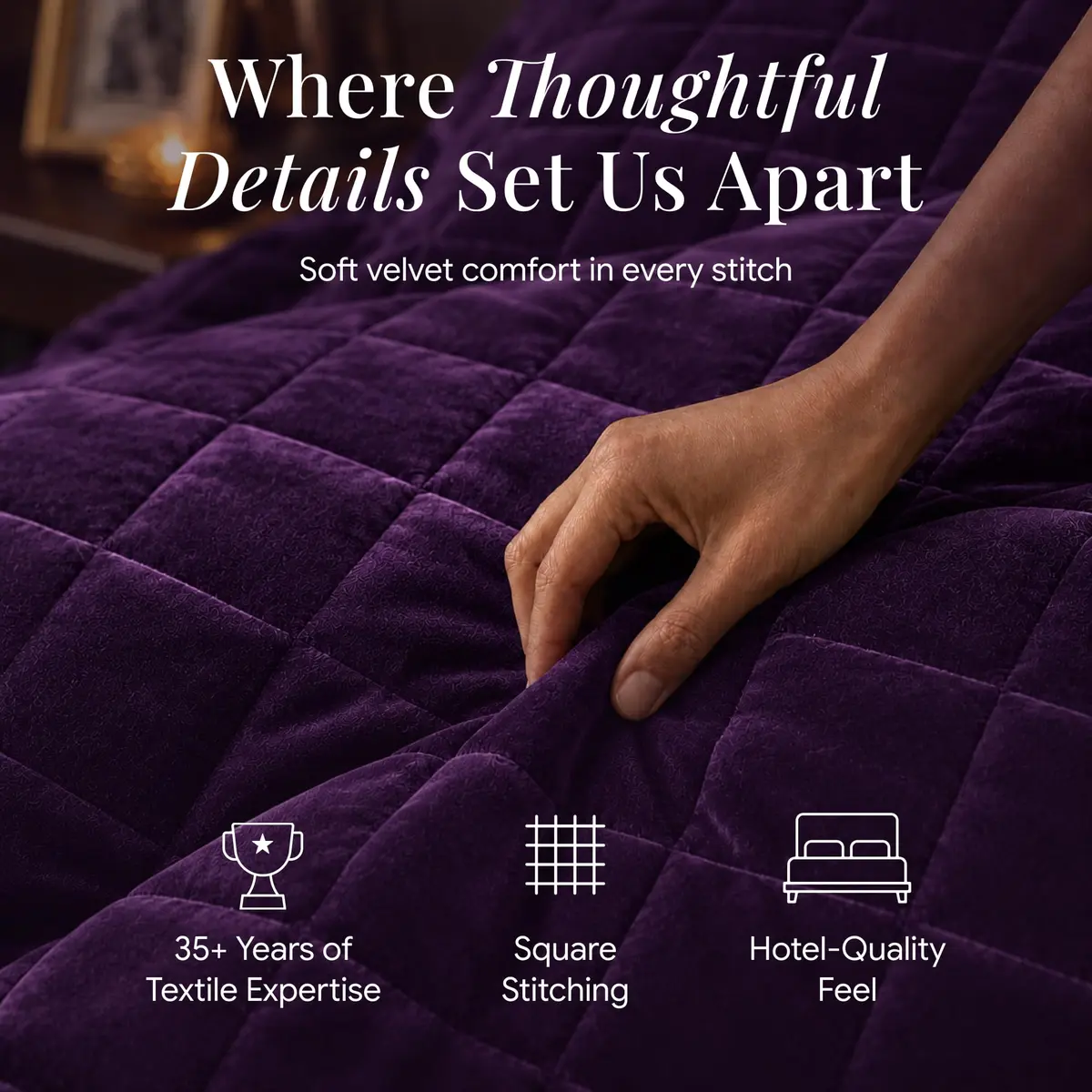 Tribeca Living Luxury Velvet Quilt Twin Size Set - 260GSM Ultra-Soft Oversized Bedspread in Florence Purple | Deep Matresses Perfect Fit - view 5