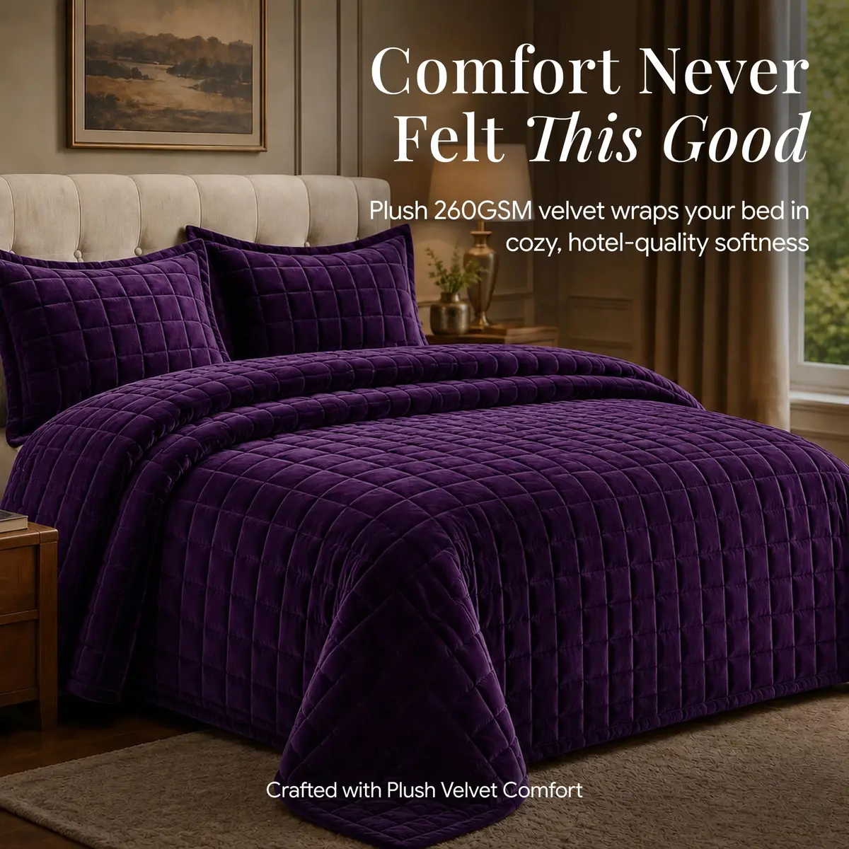 Tribeca Living Luxury Velvet Quilt Twin Size Set - 260GSM Ultra-Soft Oversized Bedspread in Florence Purple | Deep Matresses Perfect Fit - view 2