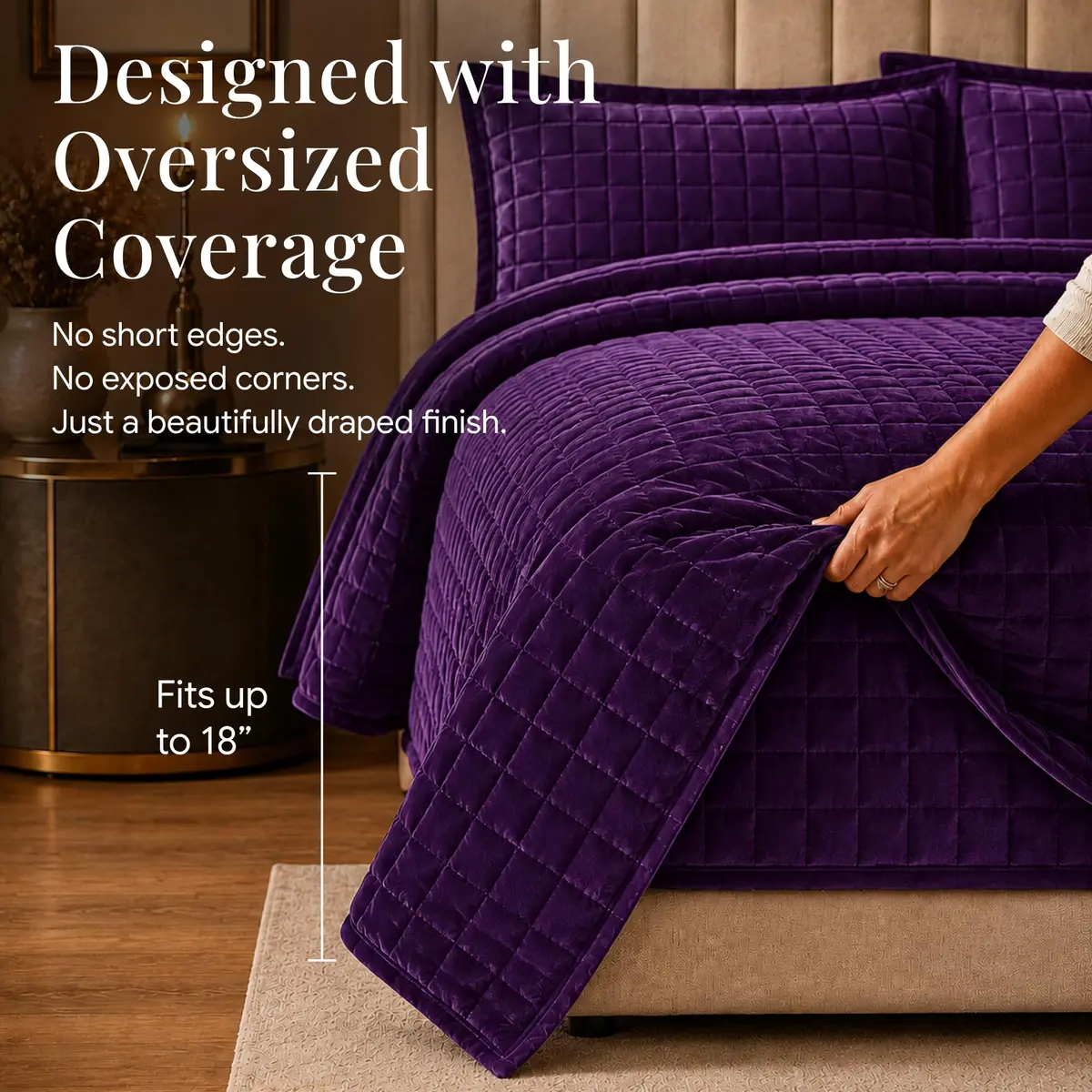 Tribeca Living Luxury Velvet Quilt Twin Size Set - 260GSM Ultra-Soft Oversized Bedspread in Florence Purple | Deep Matresses Perfect Fit - view 3