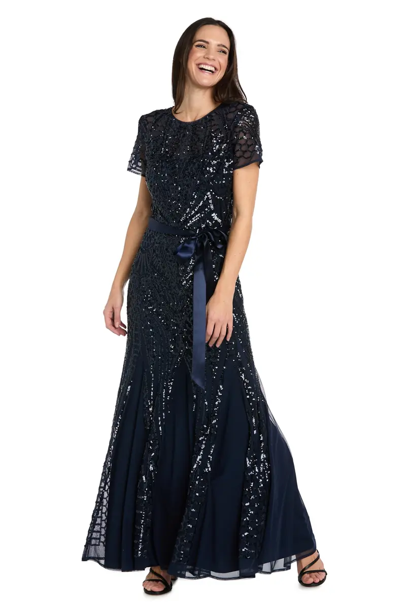R&M Richards Women's Sequin Power Mesh Godet Dress with Short Sleeves Navy | Elegant Evening Wear - main product image