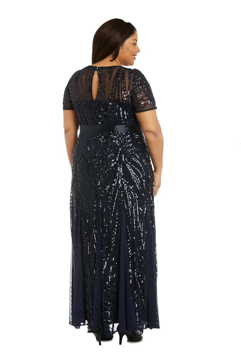 R&M Richards Women's Sequin Power Mesh Godet Dress with Short Sleeves Navy | Elegant Evening Wear - view 5