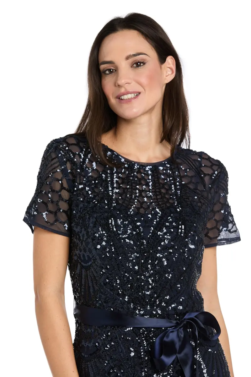 R&M Richards Women's Sequin Power Mesh Godet Dress with Short Sleeves Navy | Elegant Evening Wear - view 2