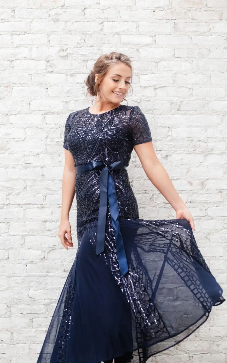 R&M Richards Women's Sequin Power Mesh Godet Dress with Short Sleeves Navy | Elegant Evening Wear - view 3