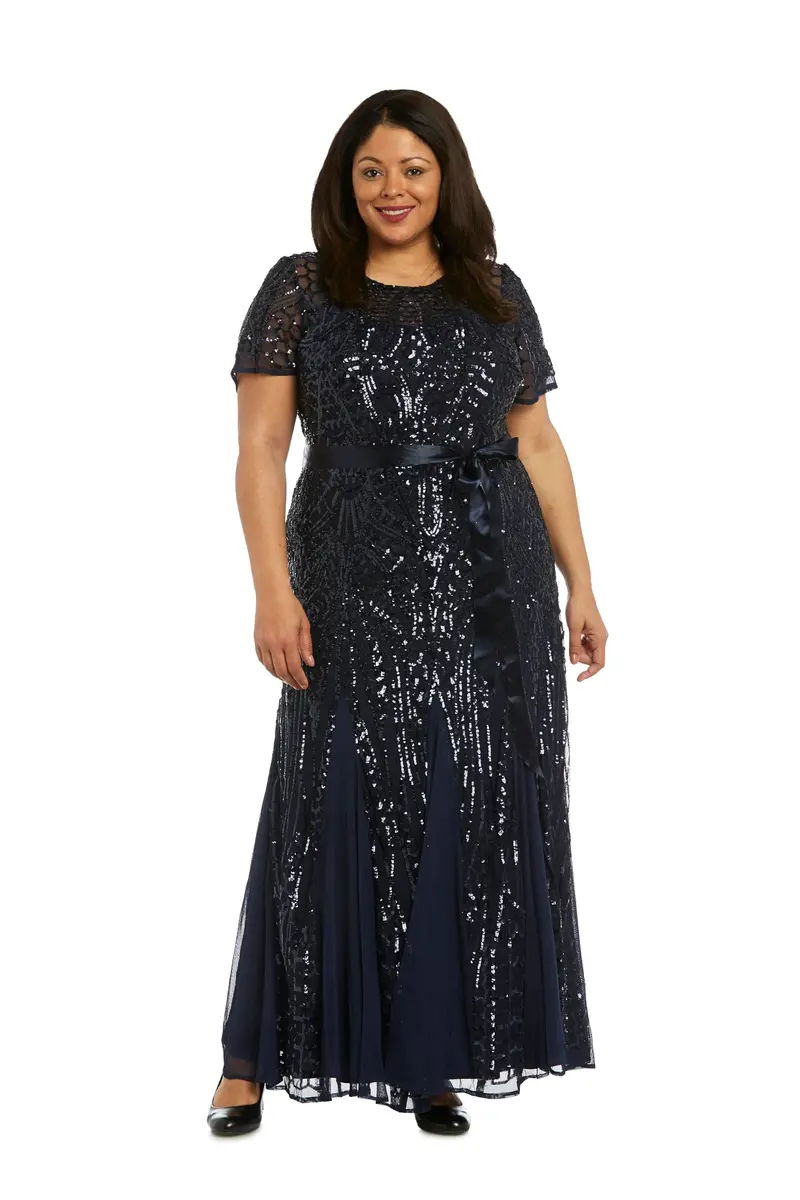 R&M Richards Women's Sequin Power Mesh Godet Dress with Short Sleeves Navy | Elegant Evening Wear - view 4