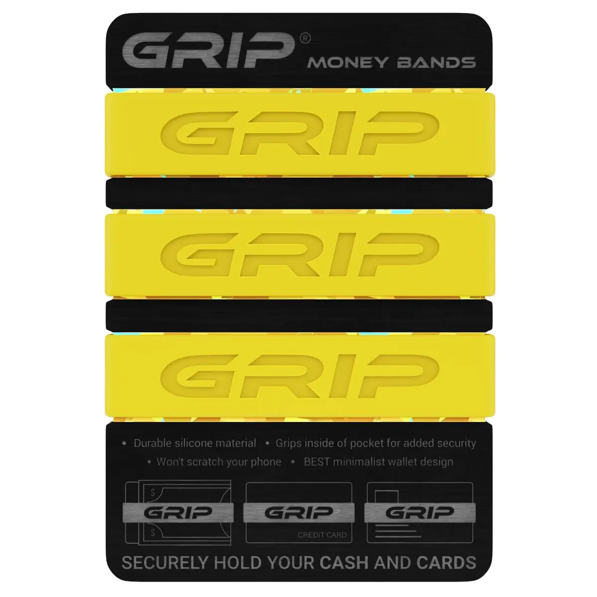 Grip Money Bands (Pack of 3) - Yellow | Secure Cash & Cards, Slim Silicone Design - main product image