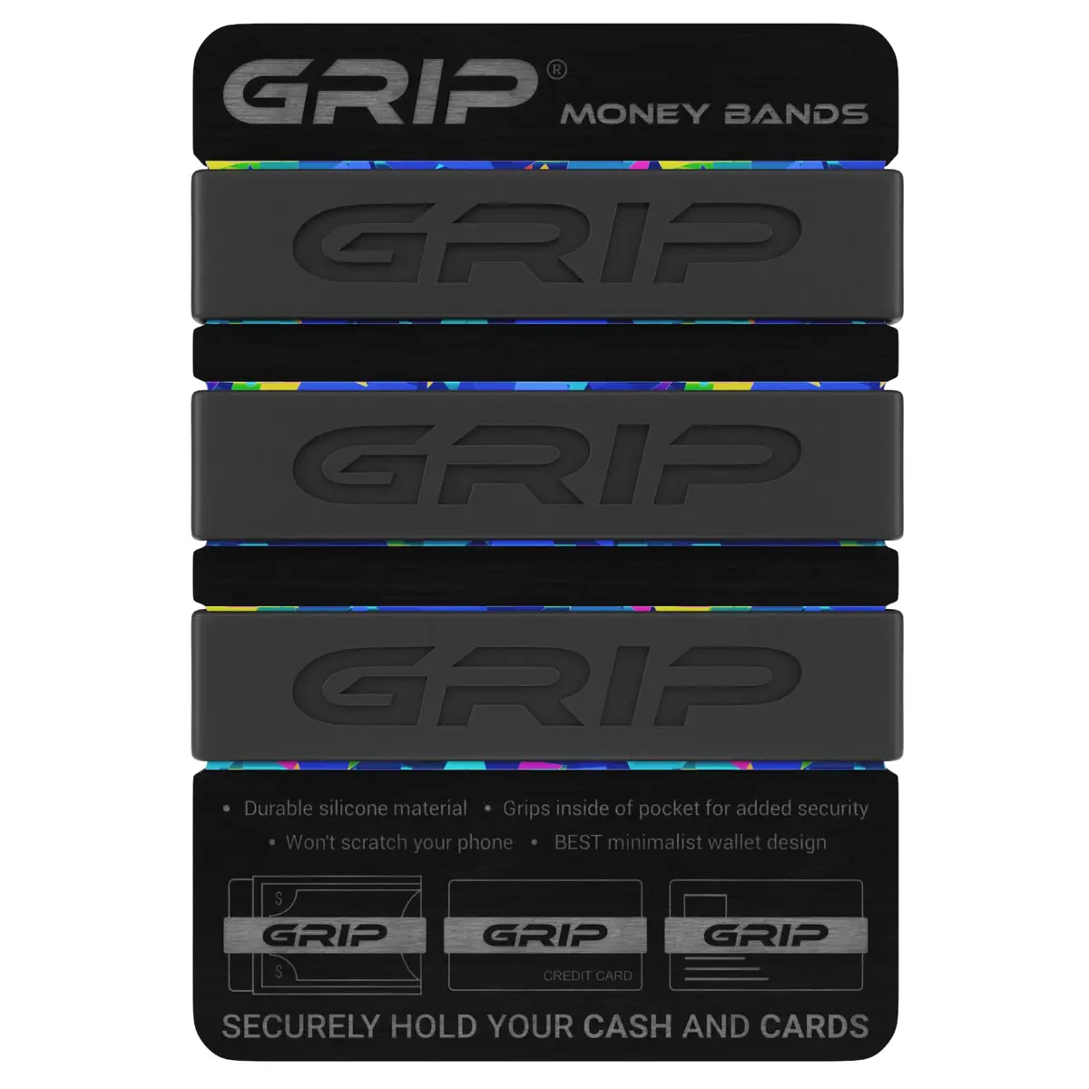 Grip Money Bands (Pack of 3, Black) | Secure Cash & Cards, Slim Silicone Design - main product image