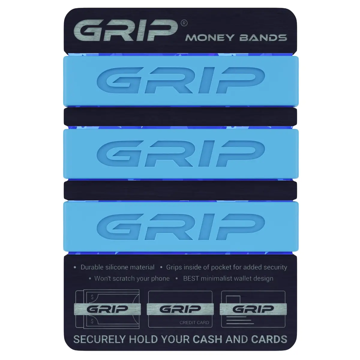 Grip Money Bands (Pack of 3) Light Blue | Secure Cash & Cards, Slim Silicone Design - main product image