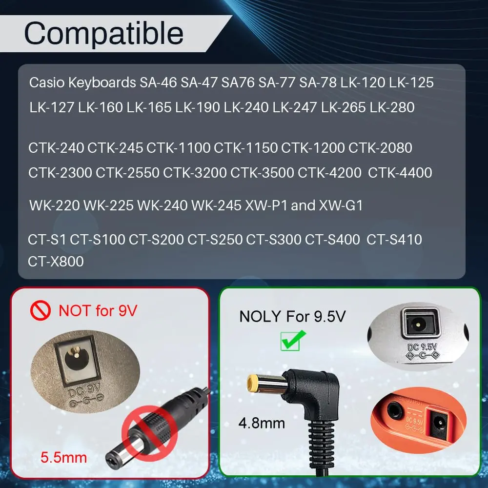 FOUCECLAUS 9.5V AC/DC Adapter for Casio ADE95100LU | UL Listed Power Supply Charger for Casio Piano Keyboard - view 2