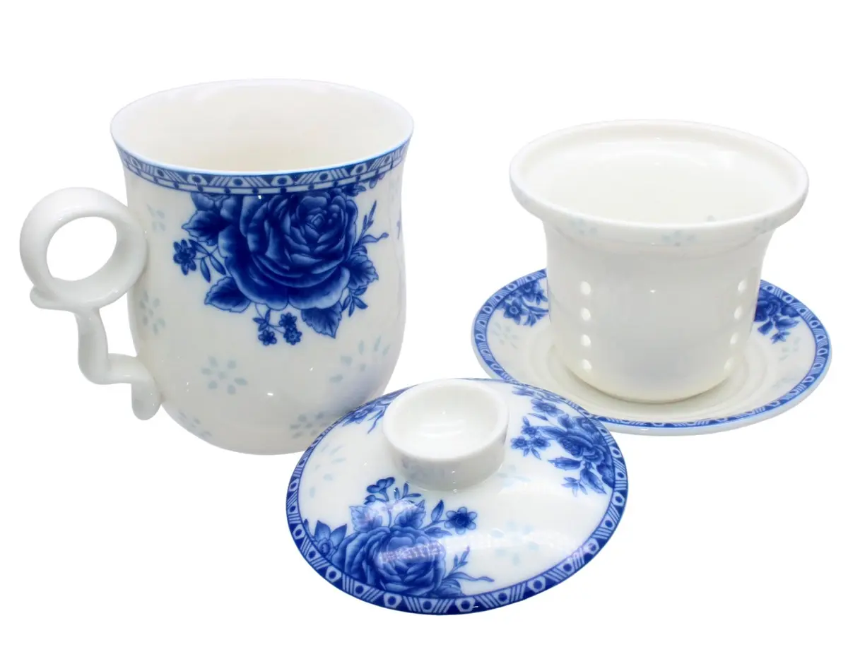 Tea Talent Porcelain Tea Cup with Infuser Lid and Saucer Set - 350ml (12 Fl Oz) | Jingdezhen Ceramics Loose Leaf Tea Brewing System - view 5