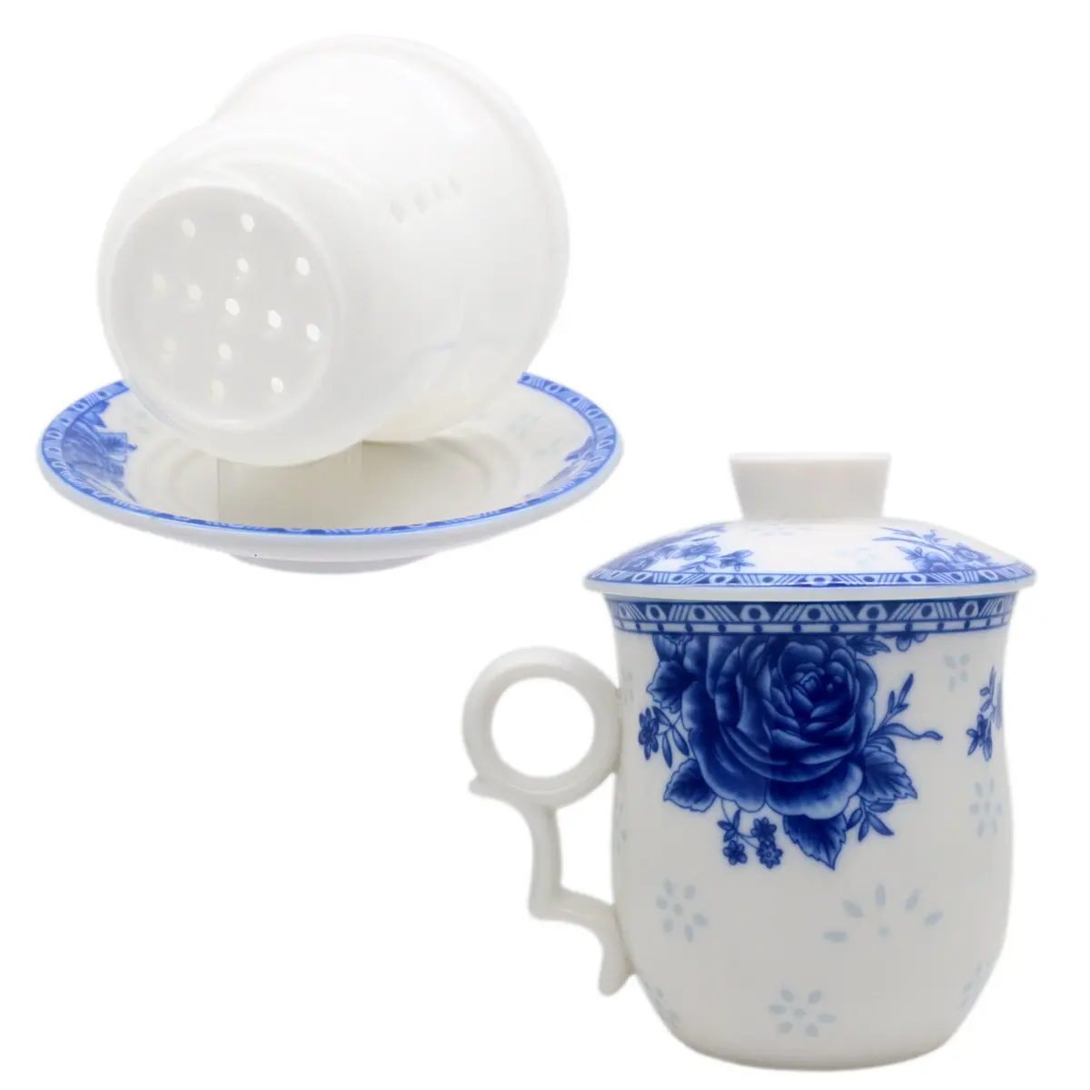 Tea Talent Porcelain Tea Cup with Infuser Lid and Saucer Set - 350ml (12 Fl Oz) | Jingdezhen Ceramics Loose Leaf Tea Brewing System - view 6