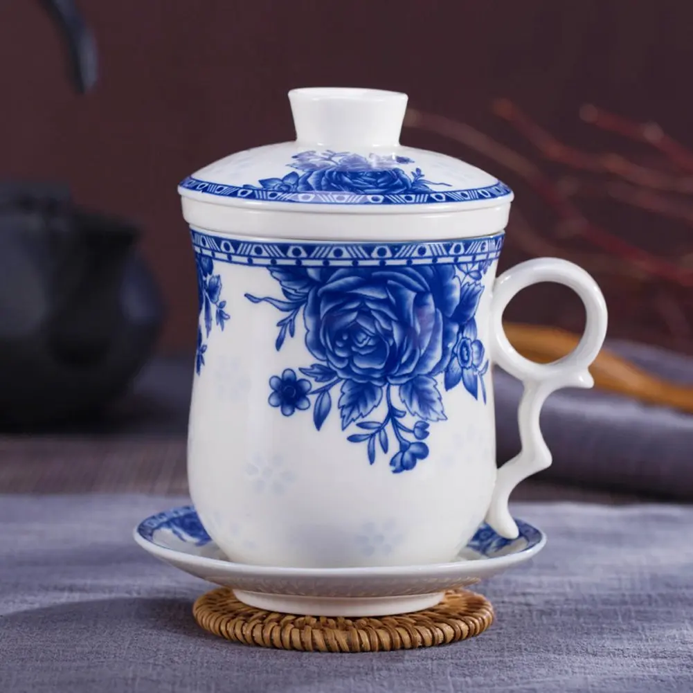 Tea Talent Porcelain Tea Cup with Infuser Lid and Saucer Set - 350ml (12 Fl Oz) | Jingdezhen Ceramics Loose Leaf Tea Brewing System - view 7