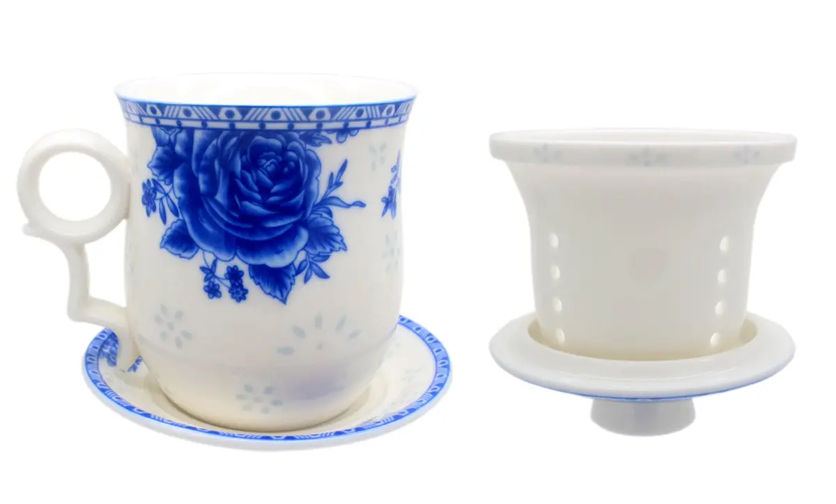 Tea Talent Porcelain Tea Cup with Infuser Lid and Saucer Set - 350ml (12 Fl Oz) | Jingdezhen Ceramics Loose Leaf Tea Brewing System - view 4