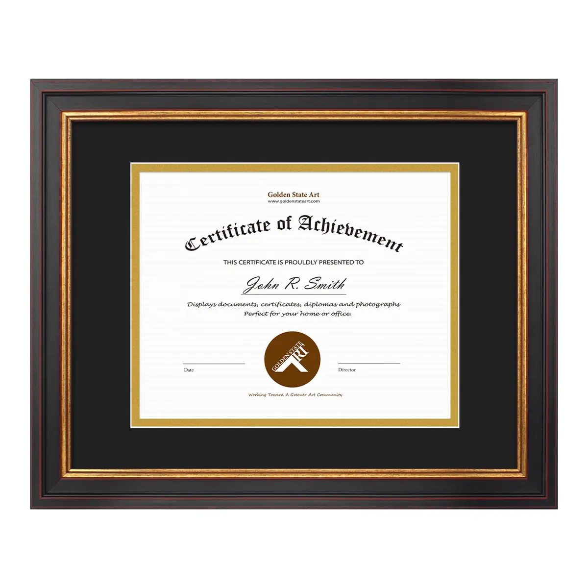 Golden State Art 11x14 Frame Black Over Gold Double Mat for 8x10 Diploma | Classic Wall Display with Real Glass - main product image