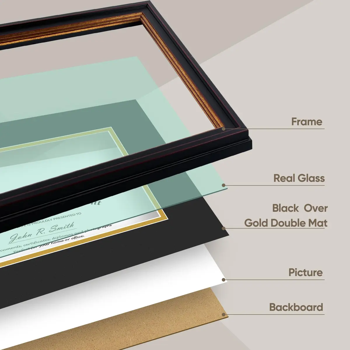 Golden State Art 11x14 Frame Black Over Gold Double Mat for 8x10 Diploma | Classic Wall Display with Real Glass - view 5