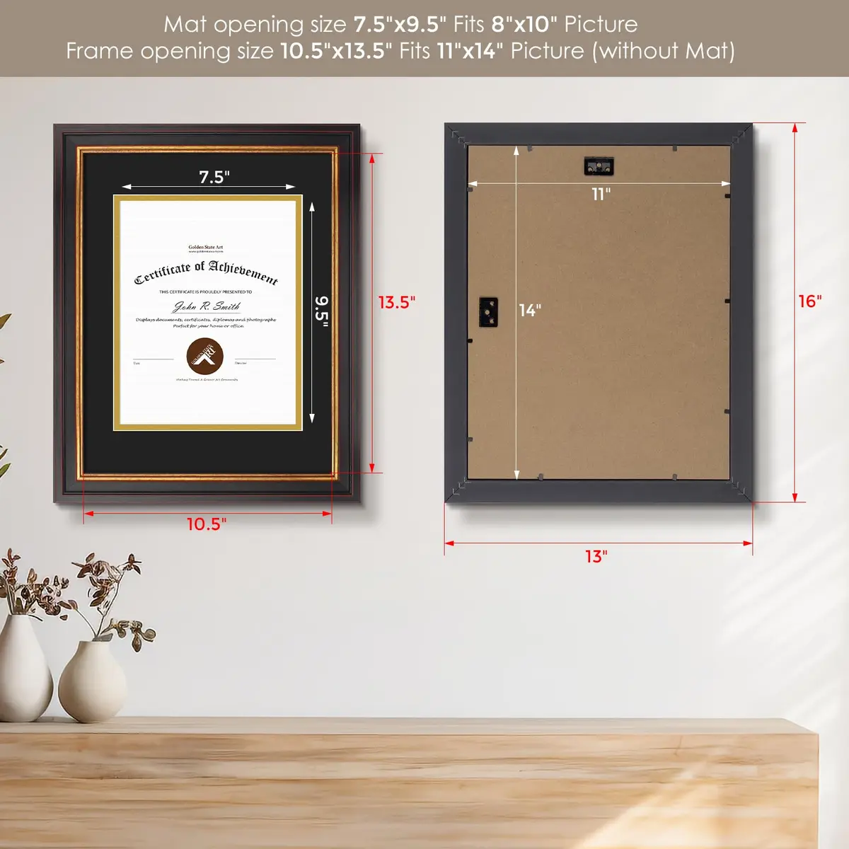 Golden State Art 11x14 Frame Black Over Gold Double Mat for 8x10 Diploma | Classic Wall Display with Real Glass - view 3
