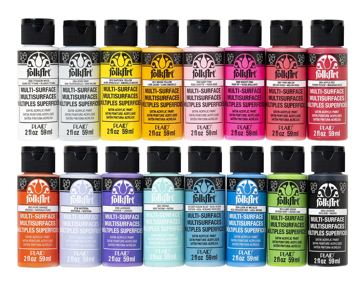 FolkArt Multi Surface Acrylic Craft Paint Set 16 pcs | Bright Colors, Non-Toxic, 2 Fl Oz Each - main product image