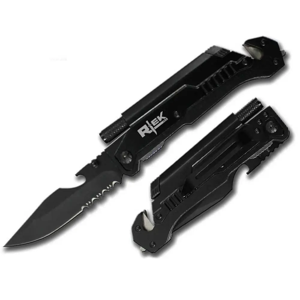 Rtek 9" Tactical Spring Assisted Black Survival Knife | 7-in-1 Rescue Tool with LED Light & Fire Starter - main product image
