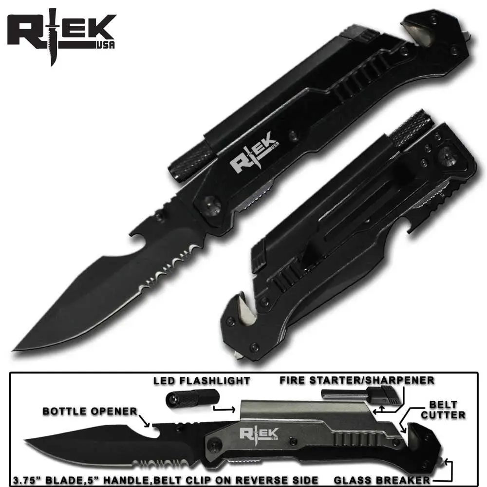 Rtek 9" Tactical Spring Assisted Black Survival Knife | 7-in-1 Rescue Tool with LED Light & Fire Starter - view 2