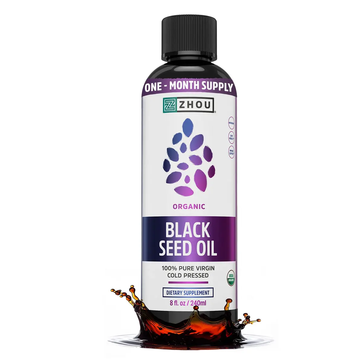 ZHOU Black Seed Oil Liquid 8 Fl Oz | Organic Cold-Pressed Supplement for Immunity & Skin - main product image