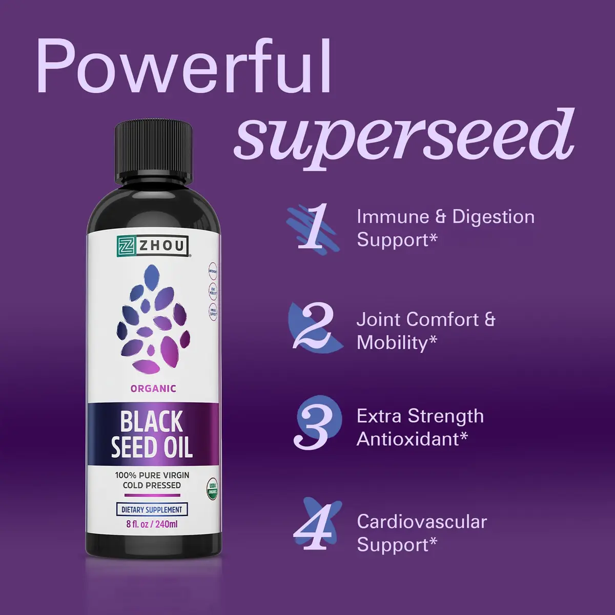 ZHOU Black Seed Oil Liquid 8 Fl Oz | Organic Cold-Pressed Supplement for Immunity & Skin - view 3