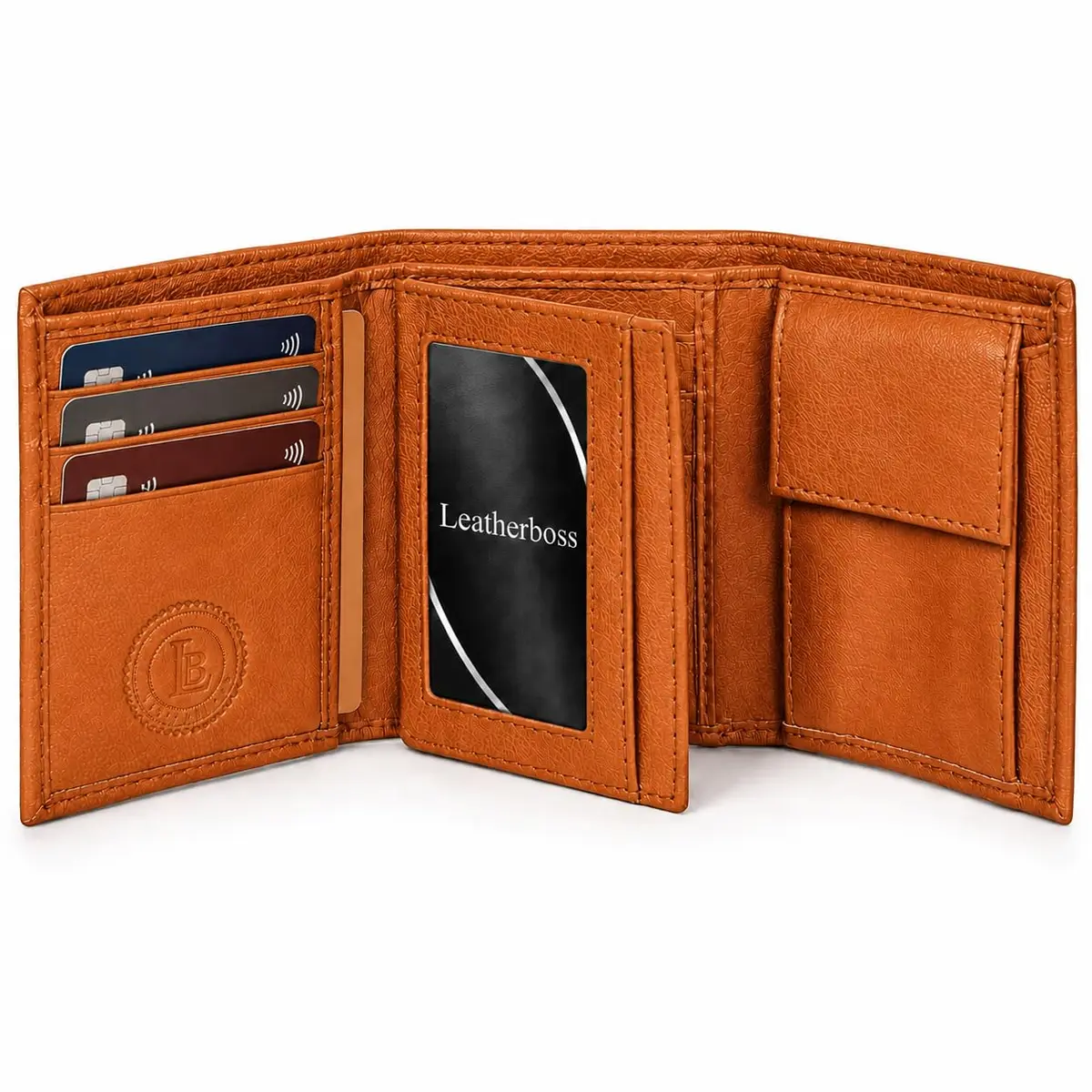 LB LEATHERBOSS Slim Compact Trifold Wallet for Men & Women | Genuine Leather, Tan, 8 Card Slots - main product image