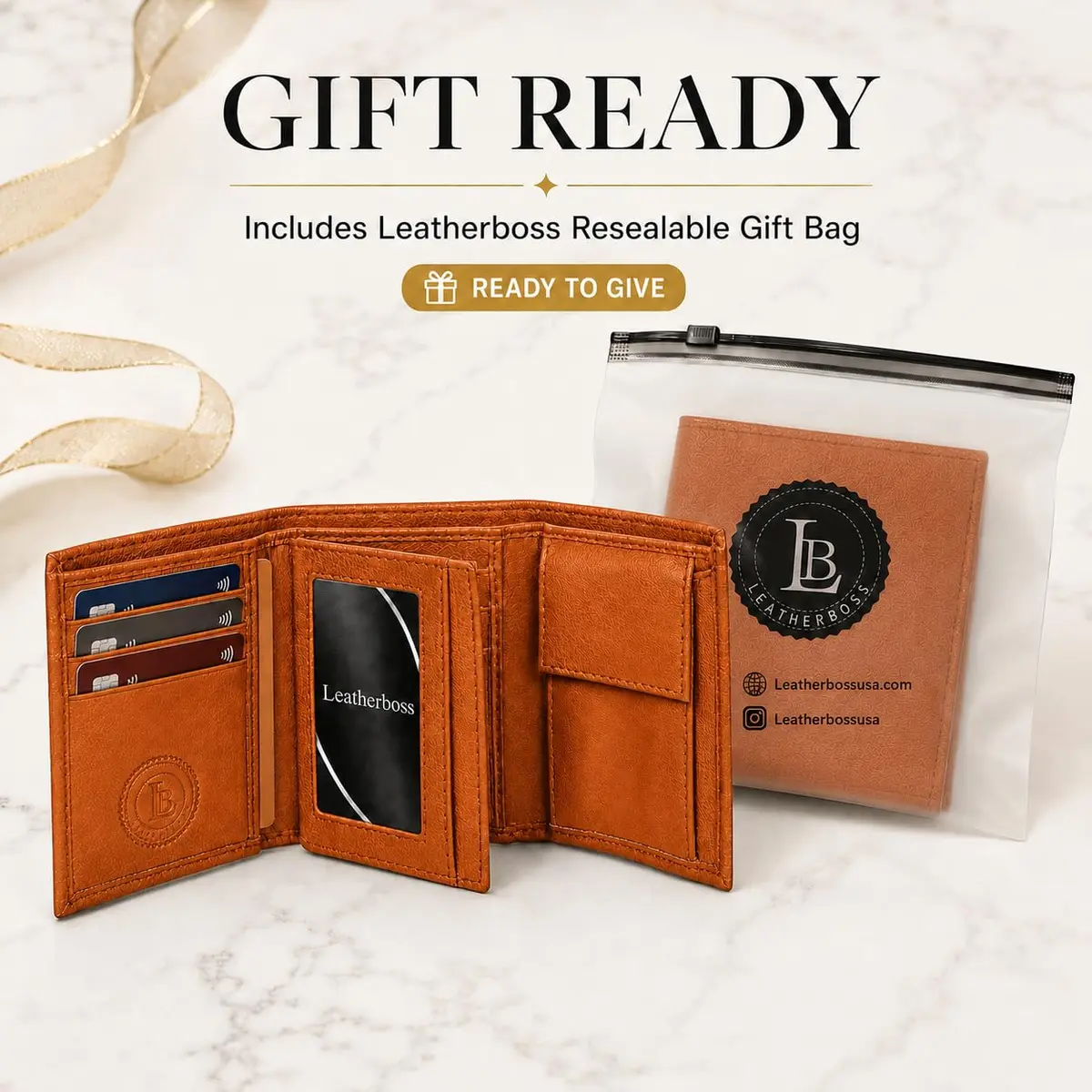 LB LEATHERBOSS Slim Compact Trifold Wallet for Men & Women | Genuine Leather, Tan, 8 Card Slots - view 6