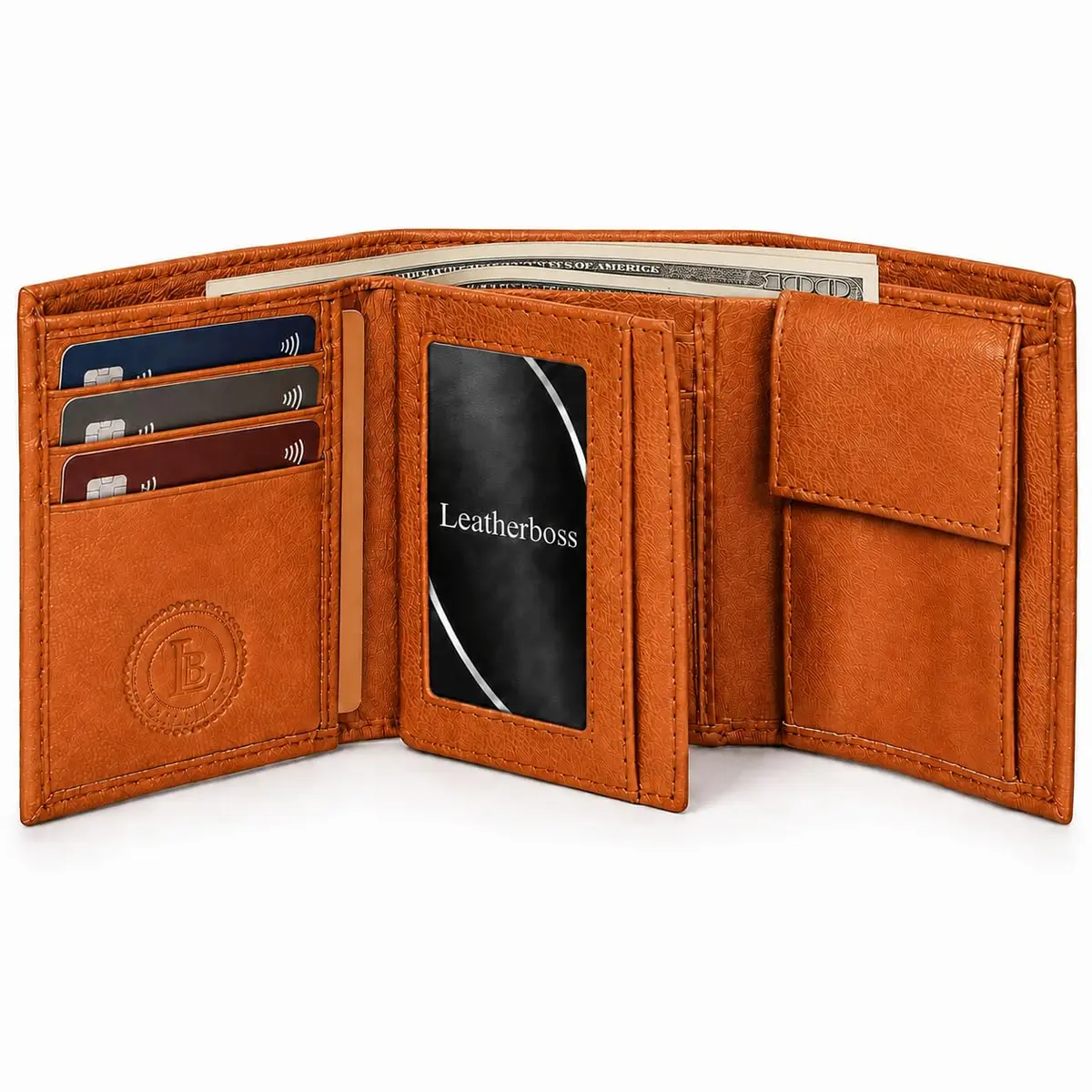 LB LEATHERBOSS Slim Compact Trifold Wallet for Men & Women | Genuine Leather, Tan, 8 Card Slots - view 8