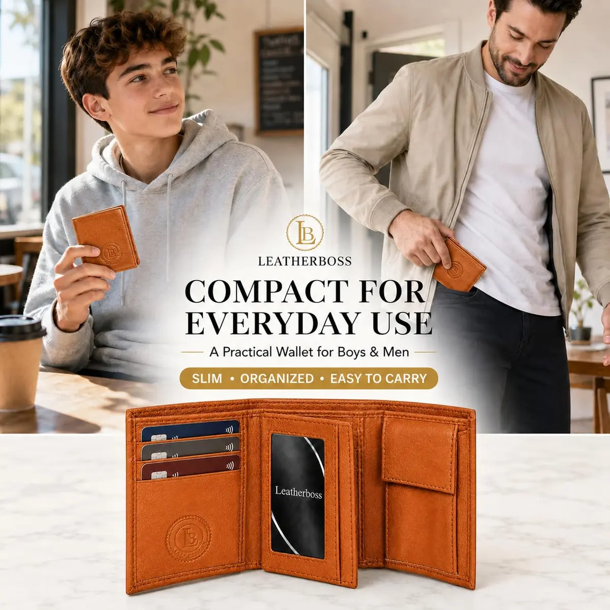 LB LEATHERBOSS Slim Compact Trifold Wallet for Men & Women | Genuine Leather, Tan, 8 Card Slots - view 9