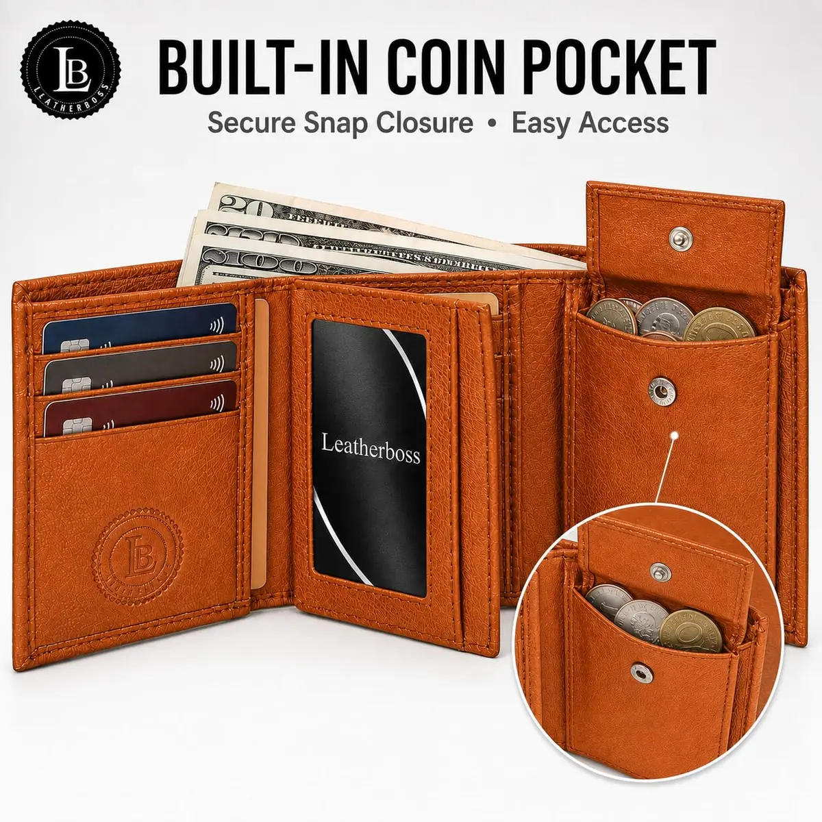 LB LEATHERBOSS Slim Compact Trifold Wallet for Men & Women | Genuine Leather, Tan, 8 Card Slots - view 2