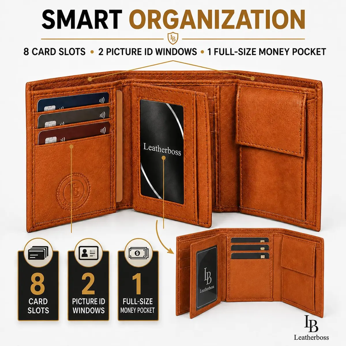 LB LEATHERBOSS Slim Compact Trifold Wallet for Men & Women | Genuine Leather, Tan, 8 Card Slots - view 4