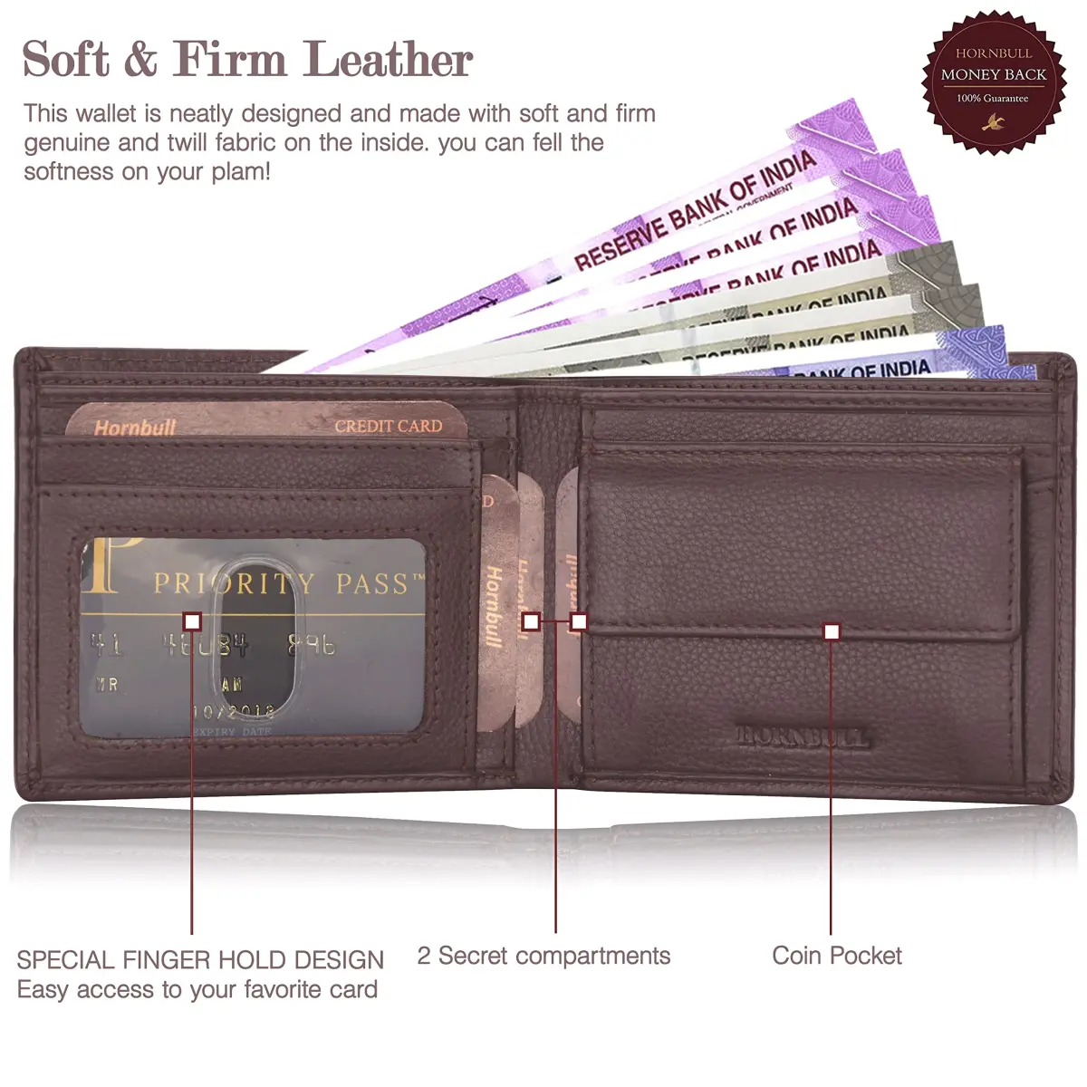 HORNBULL Brown Genuine Leather Bifold Wallet & Belt Combo for Men | 11.4cm x 9.4cm x 1.3cm (4.5in x 3.7in x 0.5in) - view 6