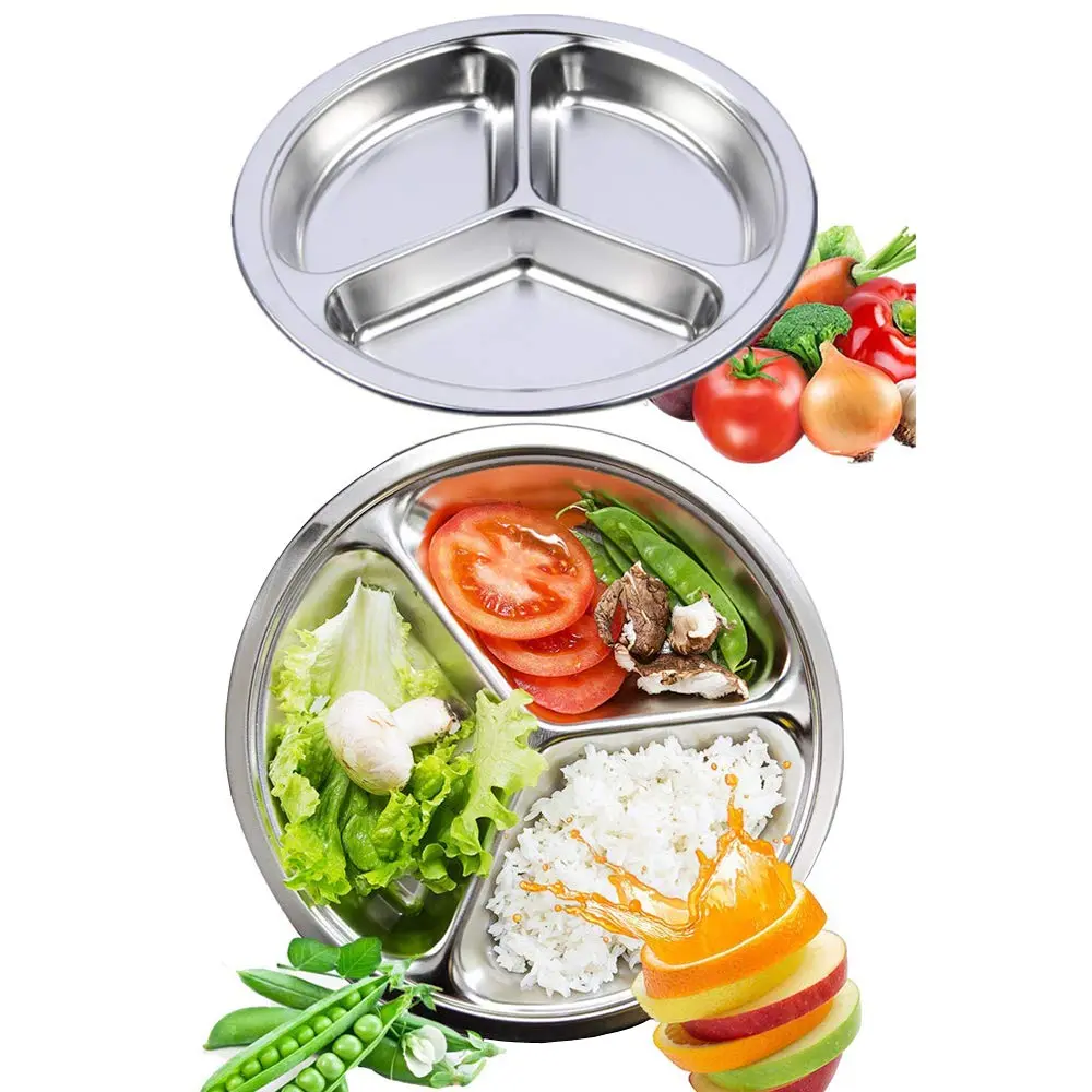 AIYoo 304 Stainless Steel Sectioned Dinner Plates Set of 2, 11 Inch (28cm) with 3 Compartments | Portion Control Metal Plates - main product image
