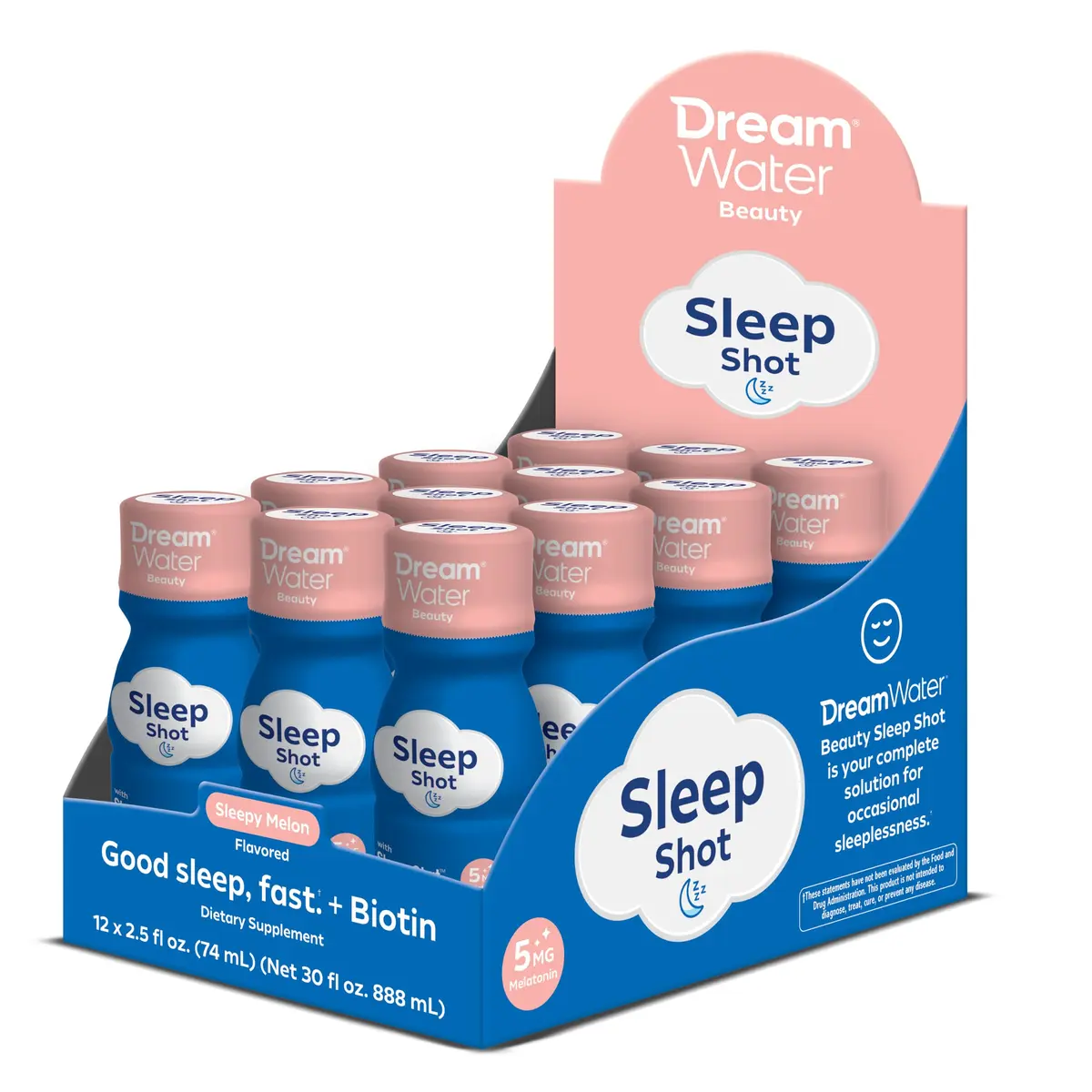Dream Water Beauty Sleep Aid Drink Supplement; Melatonin 5mg, GABA, 5-HTP, Plus Biotin for Healthy Skin, Hair and Nails; 2.5 oz Liquid Sleep Shots, Zen Tonic 12-Count | Supports Restful Sleep & Skin - main product image