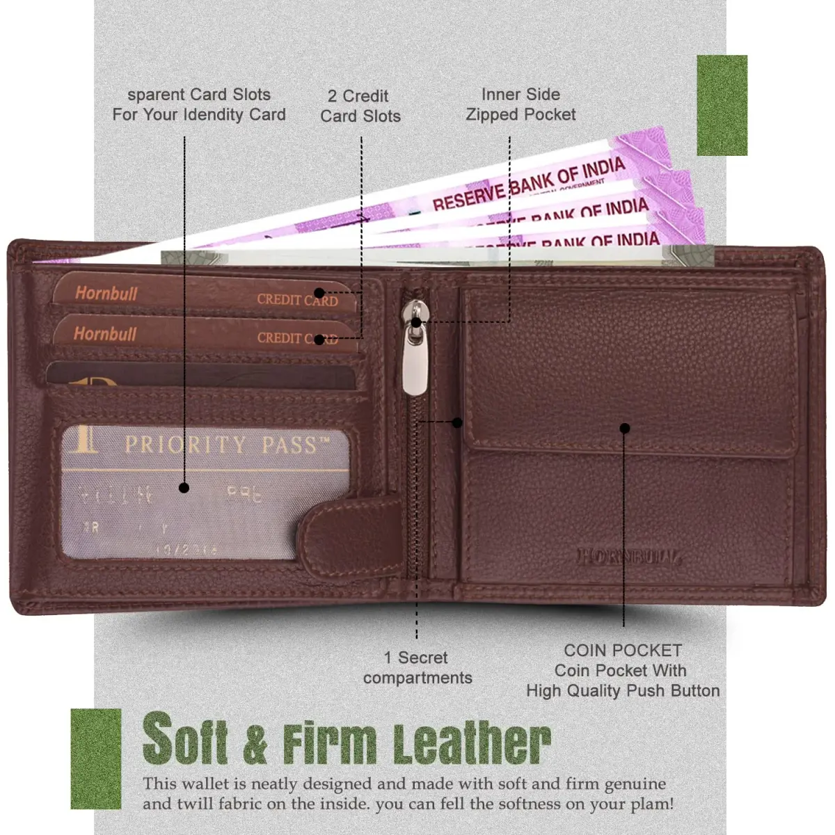 HORNBULL Men's Leather Wallet and Belt Combo Gift Set | Brown, Bi-Fold Wallet with Adjustable Belt | 2-Piece Set - view 4
