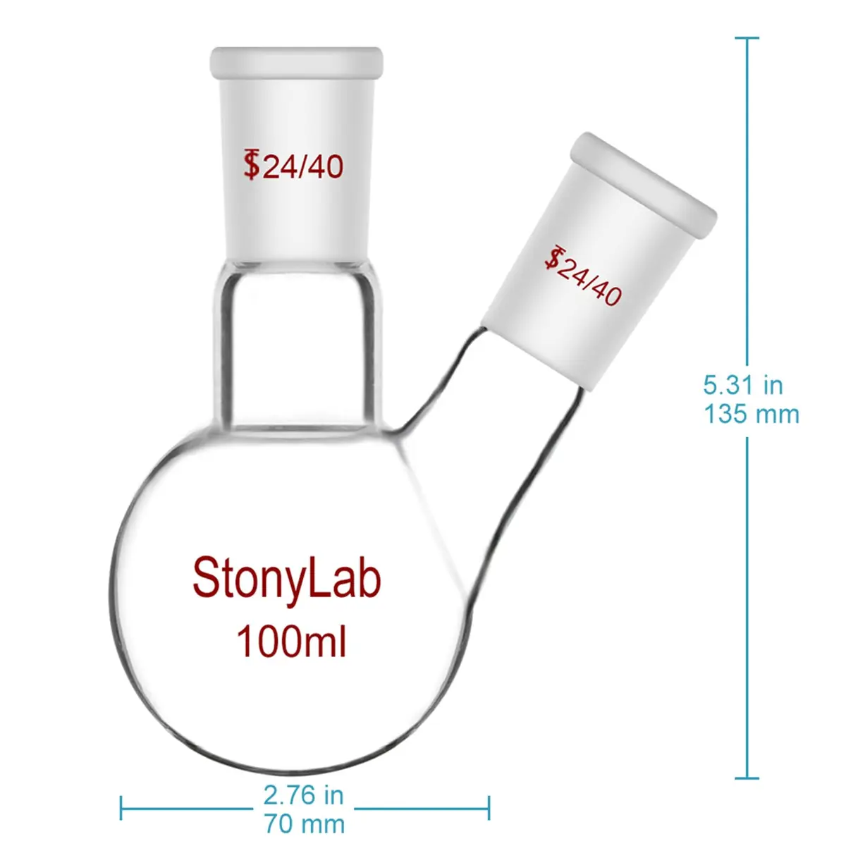 StonyLab Glass Heavy Wall 2 Neck Round Bottom Flask 100 ml | Borosilicate Lab Flask for Chemical Reactions - view 3
