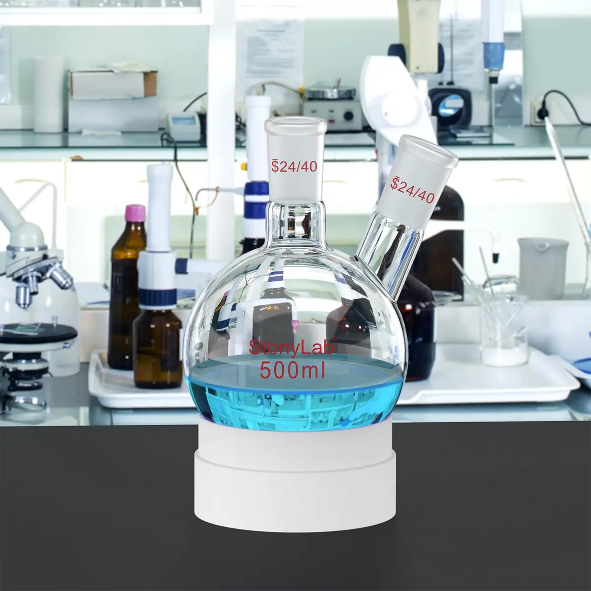 StonyLab Glass Heavy Wall 2 Neck Round Bottom Flask 500ml | Borosilicate Labware for Chemical Experiments - view 5