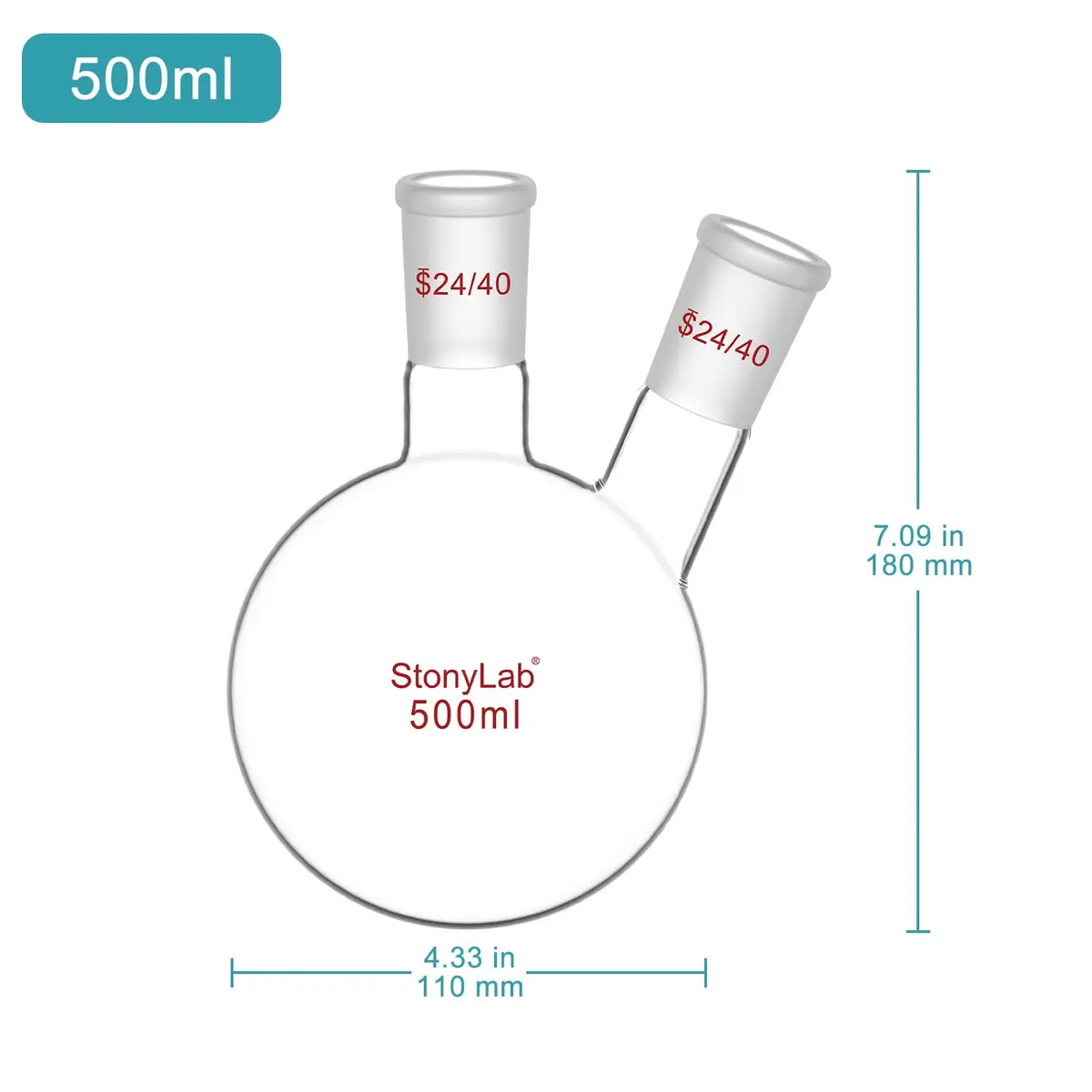 StonyLab Glass Heavy Wall 2 Neck Round Bottom Flask 500ml | Borosilicate Labware for Chemical Experiments - view 2