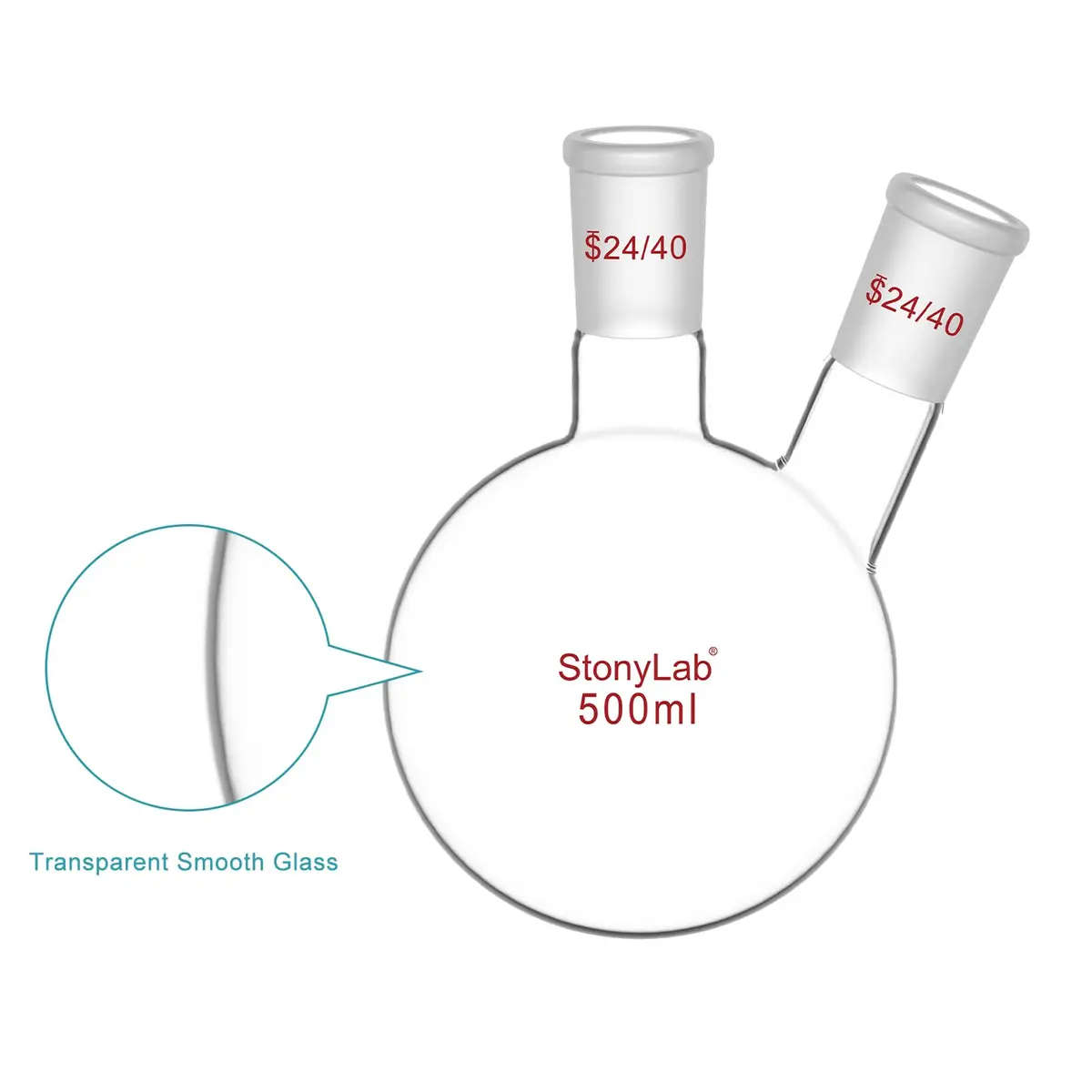 StonyLab Glass Heavy Wall 2 Neck Round Bottom Flask 500ml | Borosilicate Labware for Chemical Experiments - view 3