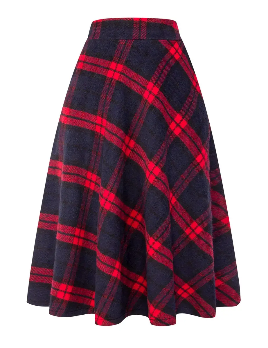 IDEALSANXUN Long Red Wool Maxi Skirt for Women Fall Winter | High Waist Plaid Tartan - main product image