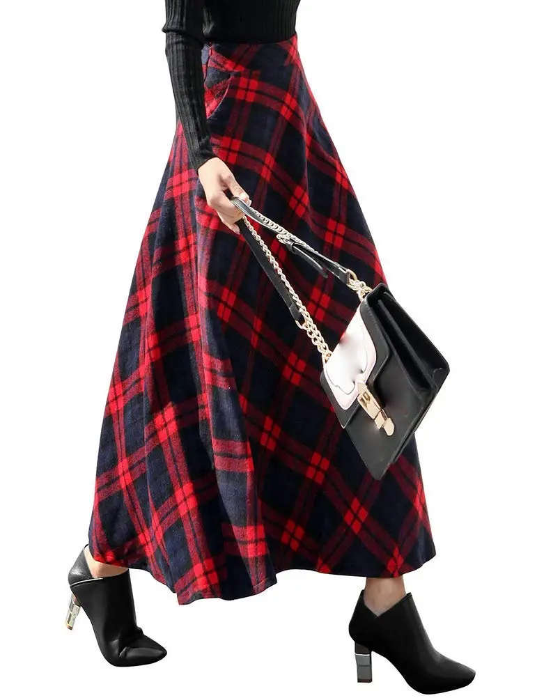 IDEALSANXUN Long Red Wool Maxi Skirt for Women Fall Winter | High Waist Plaid Tartan - view 2