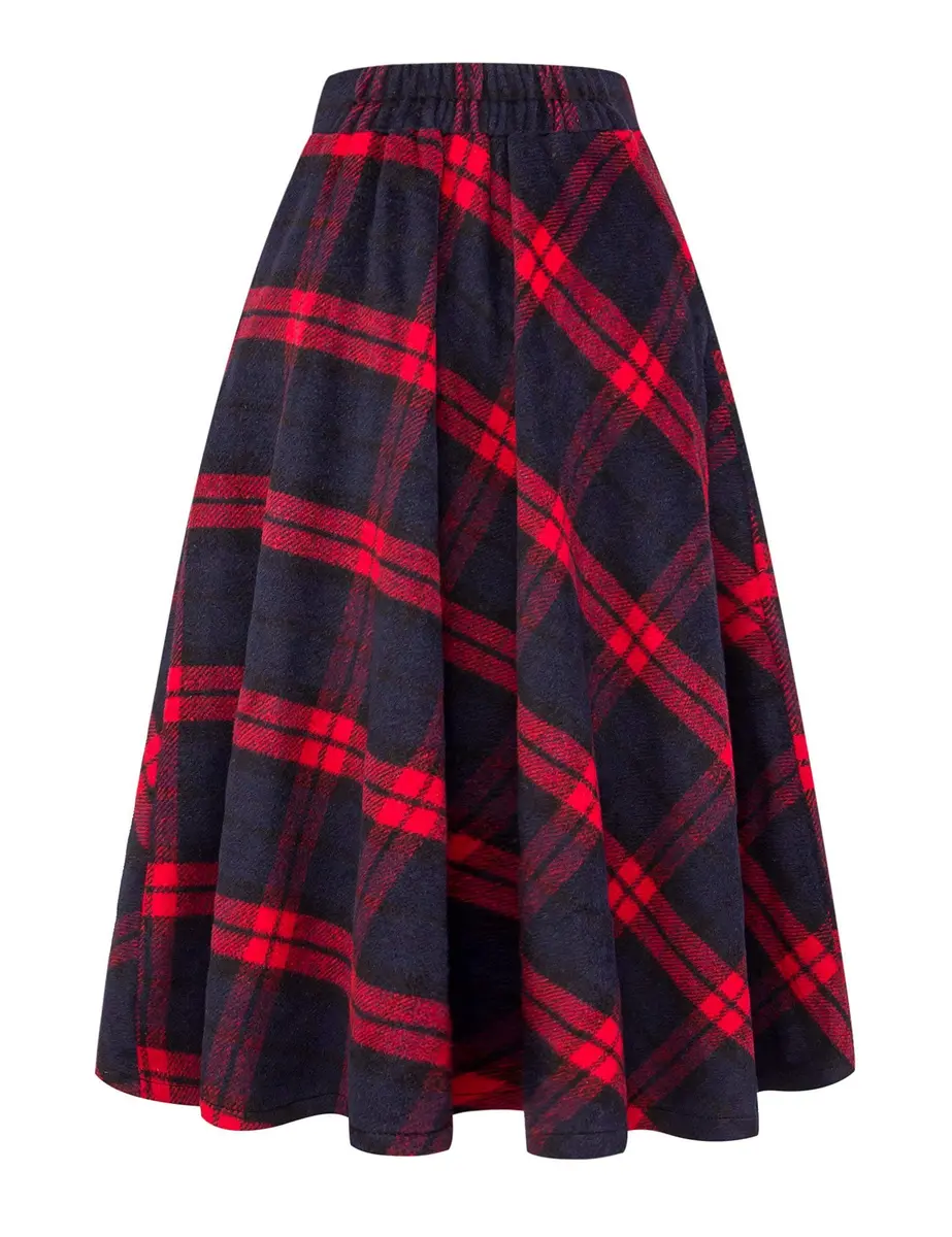 IDEALSANXUN Long Red Wool Maxi Skirt for Women Fall Winter | High Waist Plaid Tartan - view 3